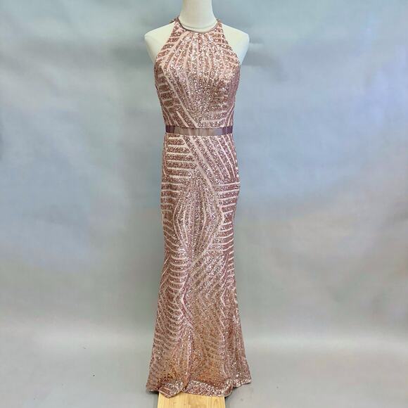 Vintage Cache Rose Gold Sequin Halter Gown Sz 6 Geometric Maxi Formal Dress Y2K - Picture 5 of 16